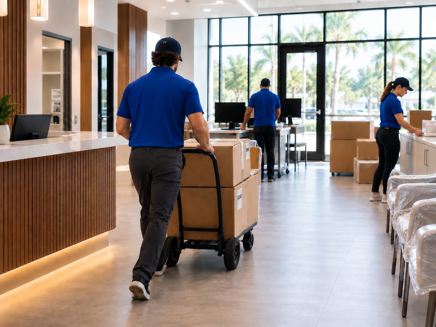 Activation team members receiving and staging boxed equipment on a hand truck in a newly completed commercial lobby while others unwrap furniture and set up workstations