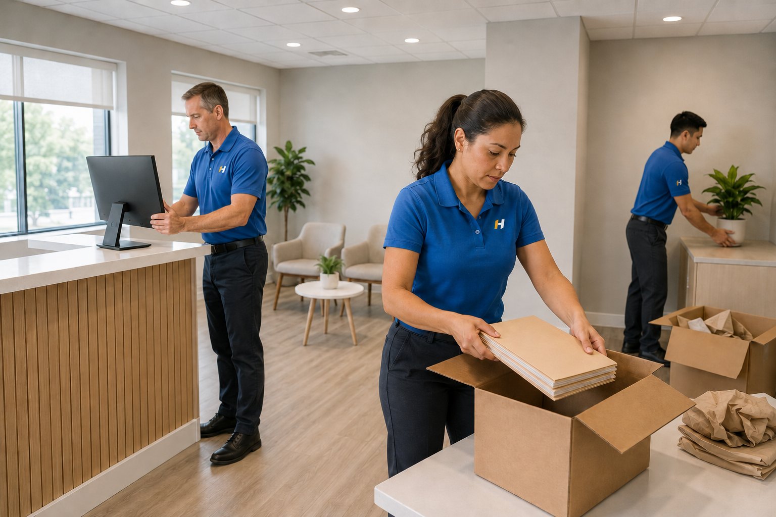 Three Activation team members organizing a finished clinic reception area, unpacking materials, positioning a monitor, and placing decor before opening