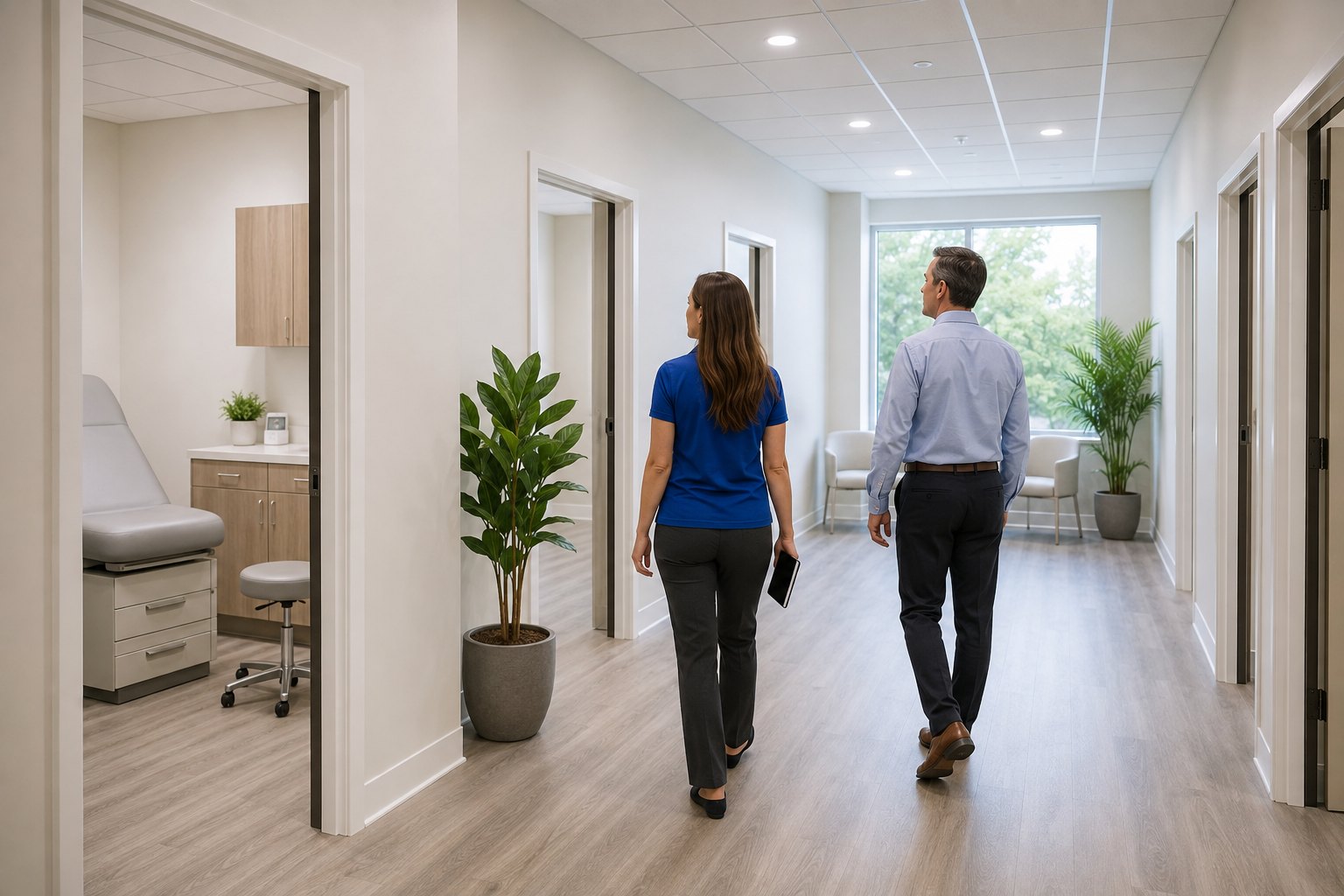 A completion walkthrough of a finished and fully set up clinic corridor before opening