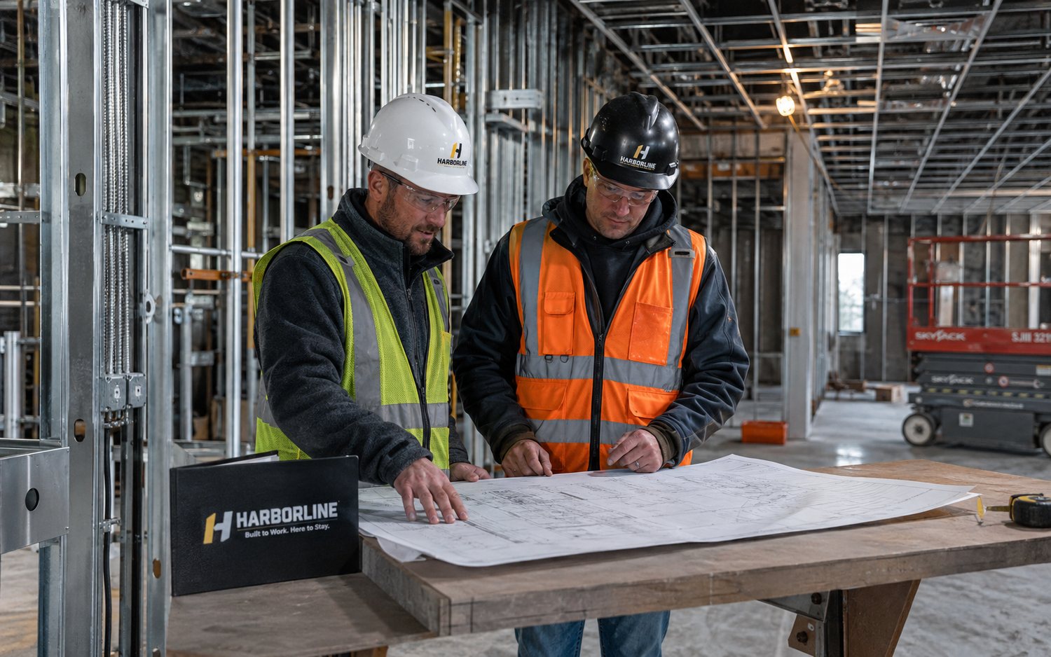An owner-side advisor and a contractor reviewing the same drawing set on a commercial jobsite, metal stud framing behind them