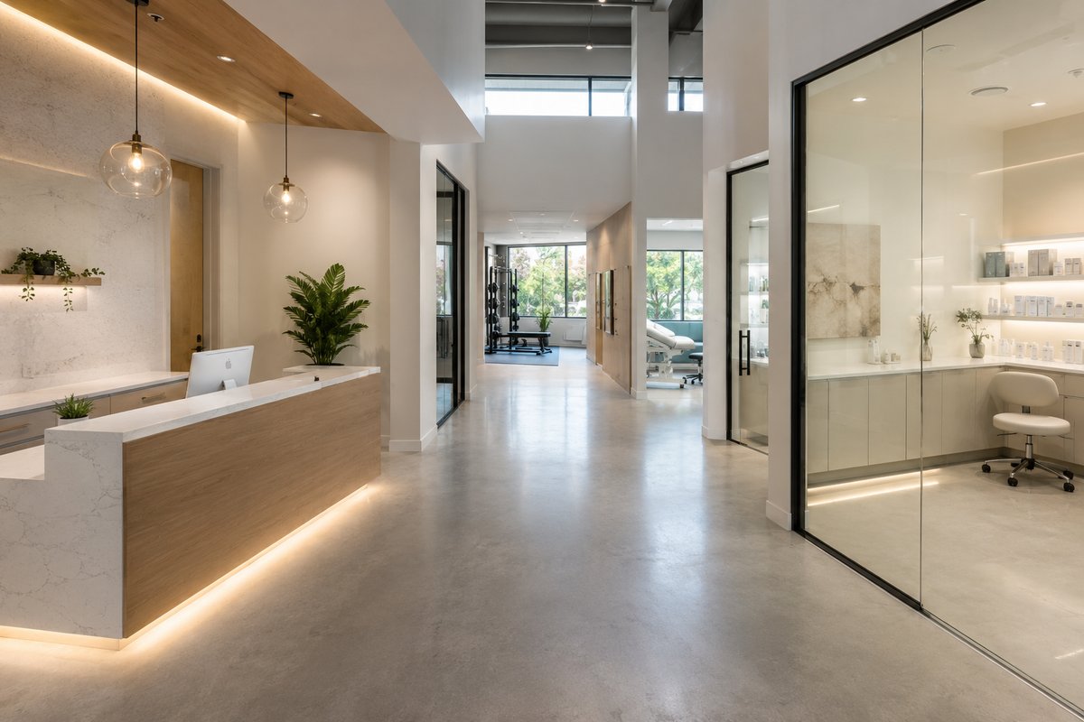 A finished consumer-facing reception and front-of-house area in a multi-site service concept, built to a repeatable prototype standard