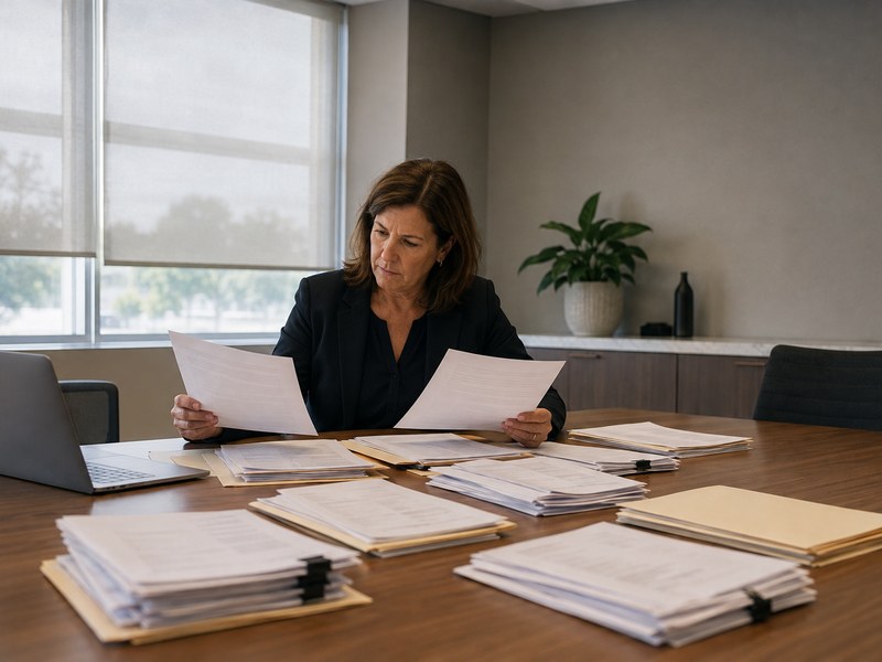 Facilities invoices, maintenance records, and vendor files under review during a portfolio assessment