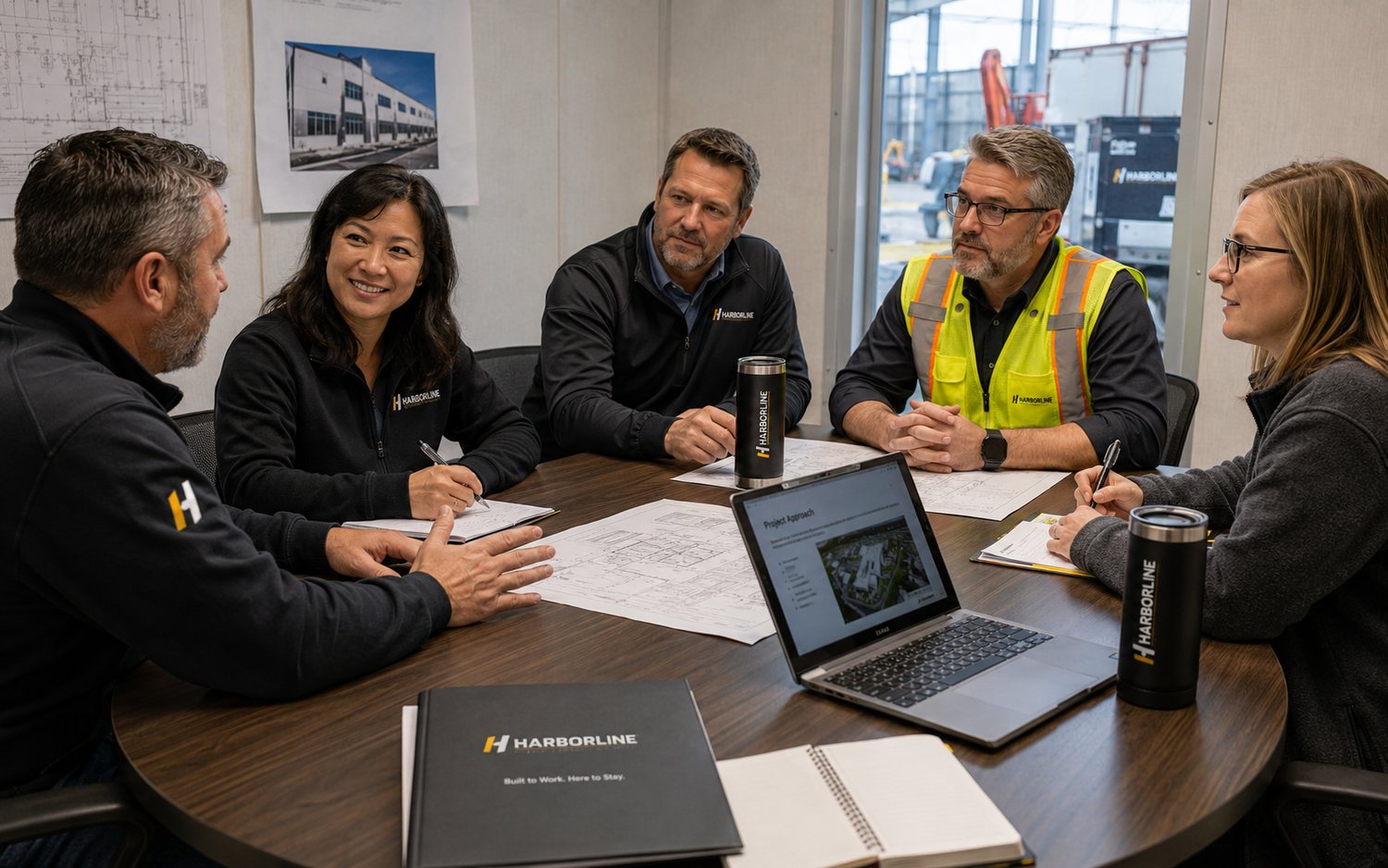 Drawings and a project approach under review in a jobsite office