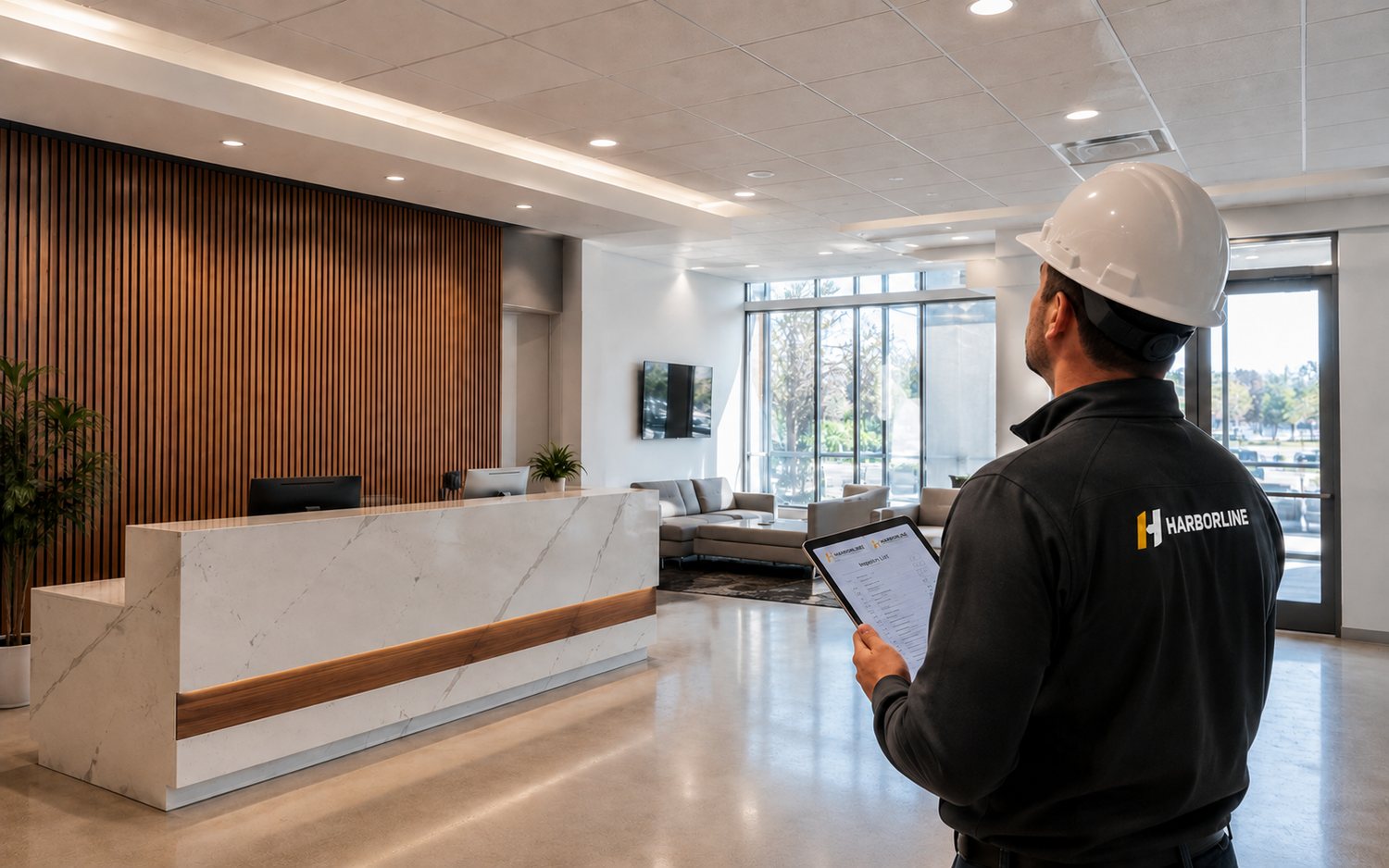 A completed commercial lobby being walked with a punch list on a tablet before turnover